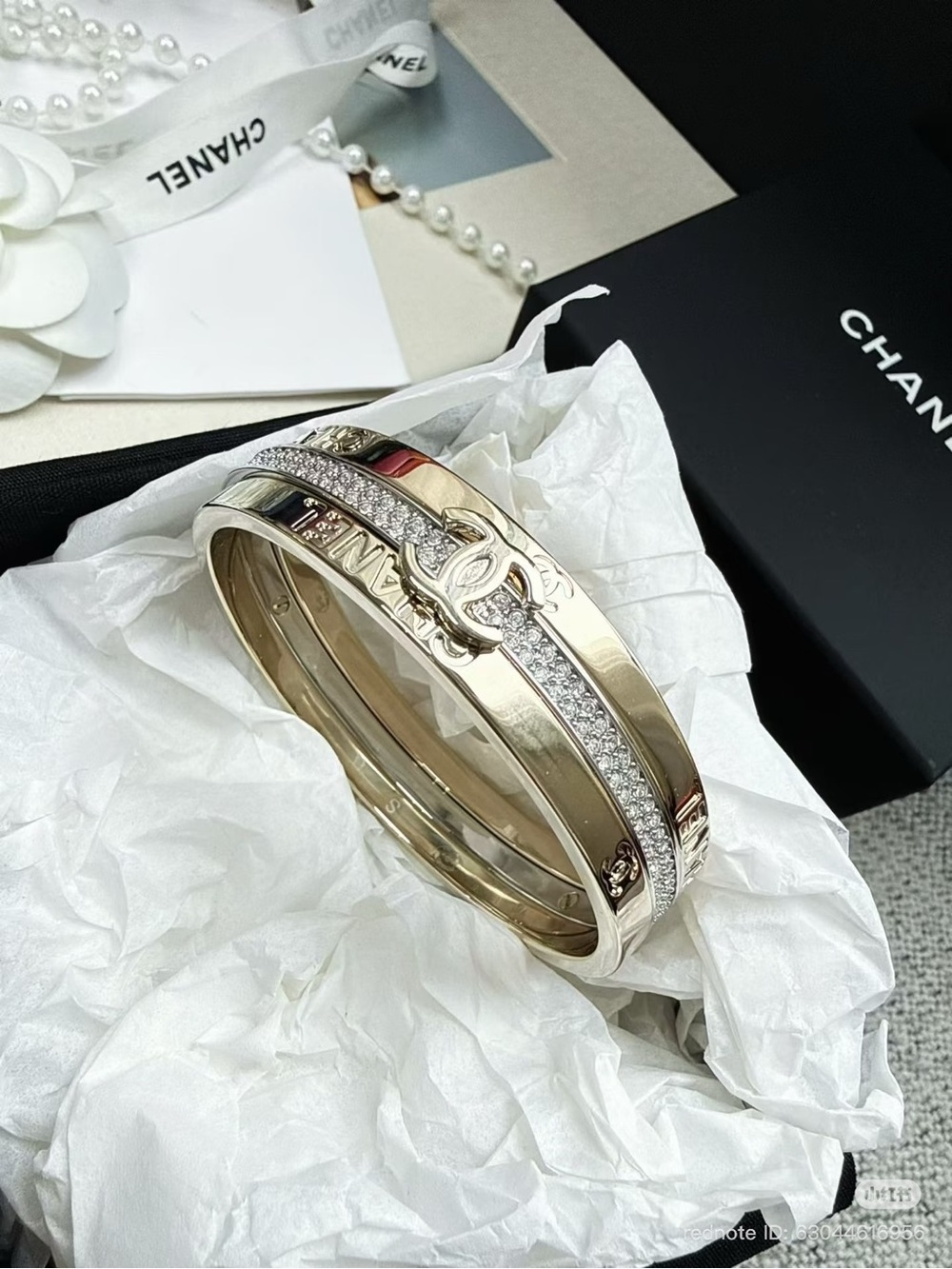 CHANEL Gold Crystal Pavé CC Logo Bangle Bracelet